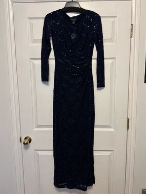 Ralph Lauren Navy Long Sleeve Sequin Evening Gown